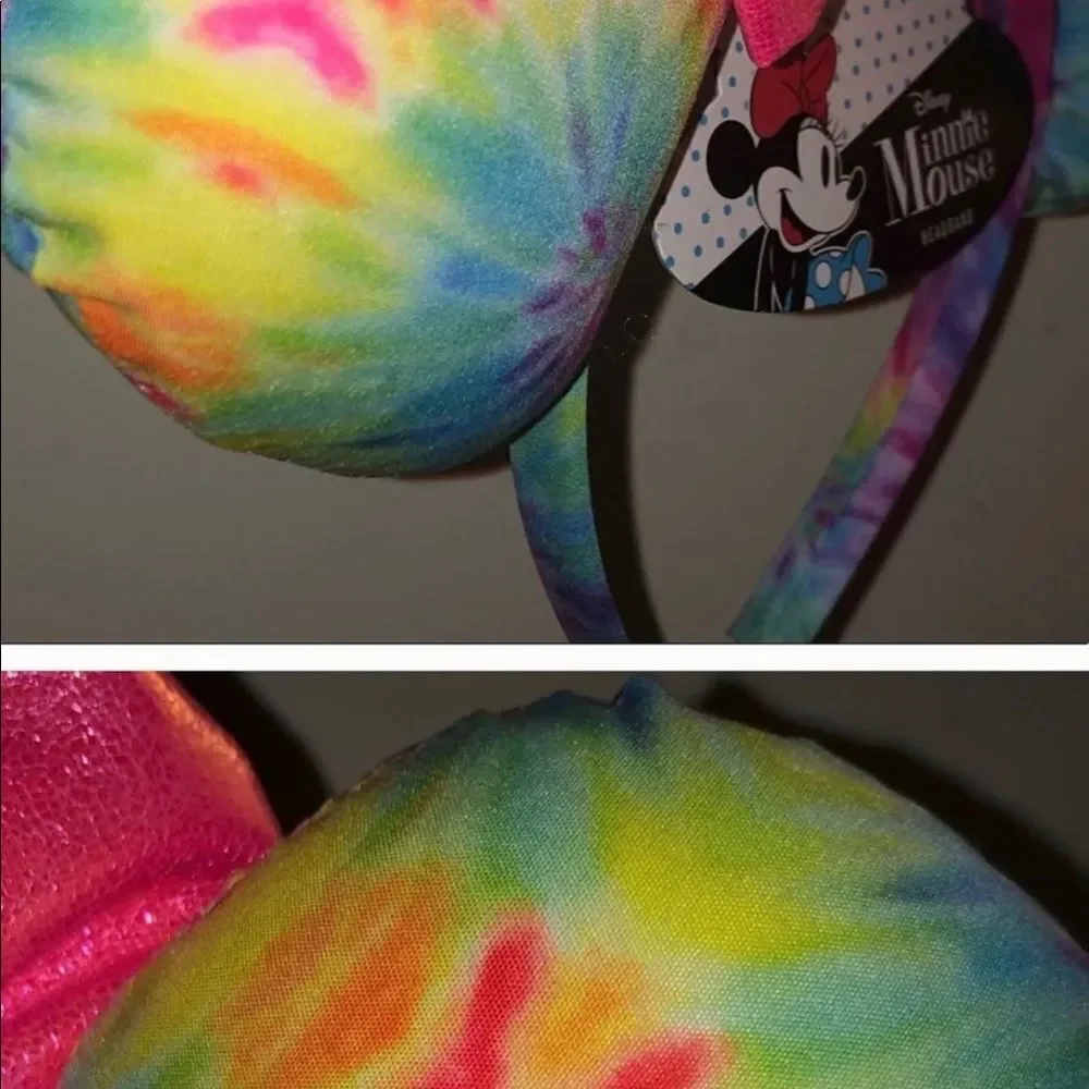 Rare Disney Parks Rainbow Bow Black Sequins Minnie Mouse Ears Headband Tie Dye